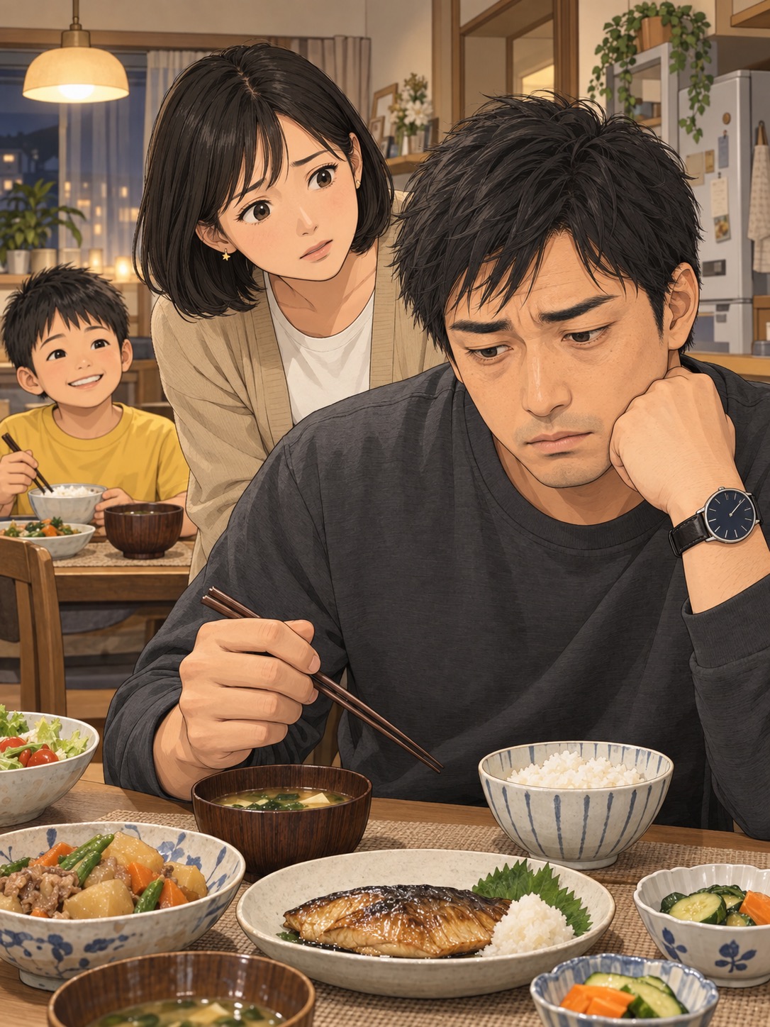 夕食の食卓で妻に顔を覗き込まれる主人公