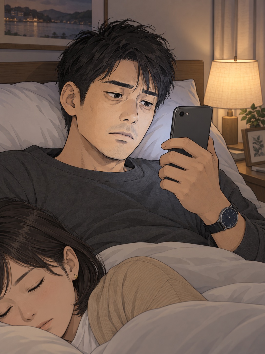布団の中でスマホを見る主人公