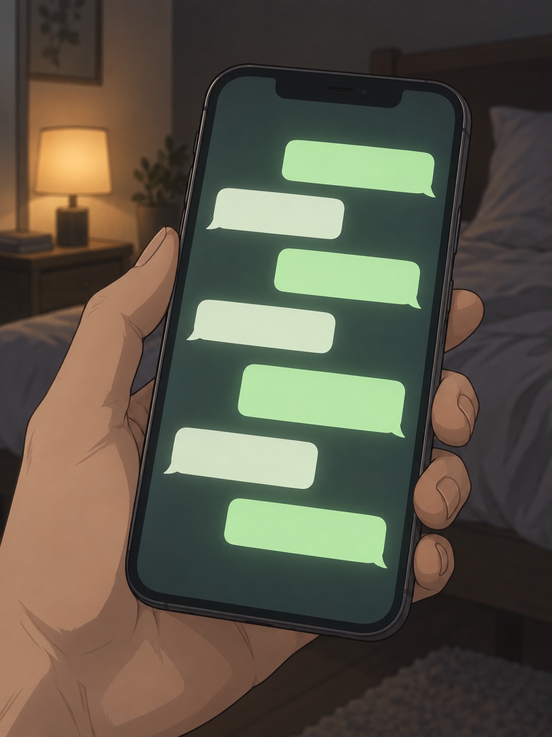 緑の光に照らされたスマホ画面のアップ