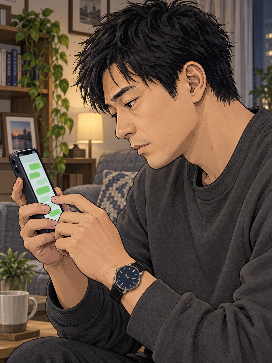 スマホに文章を打ち込む主人公の横顔
