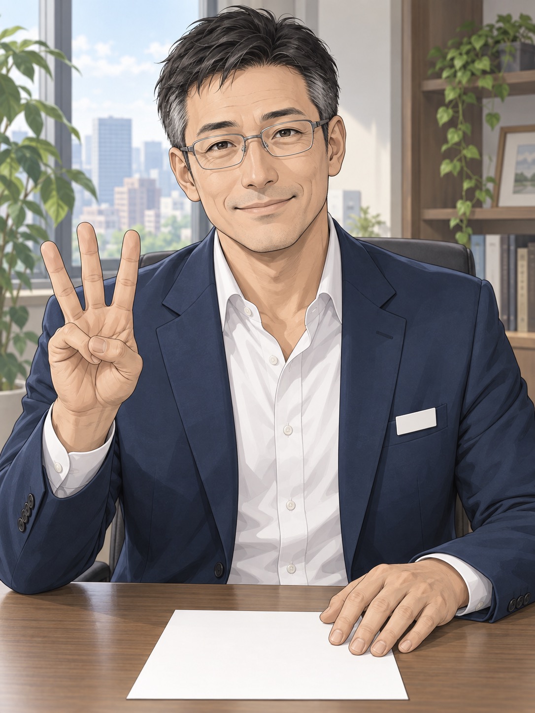 指を3本立ててメモを示す相談員