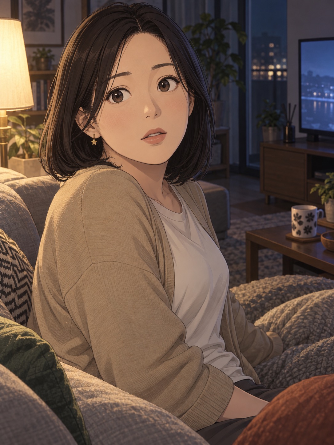 振り向いて驚く妻