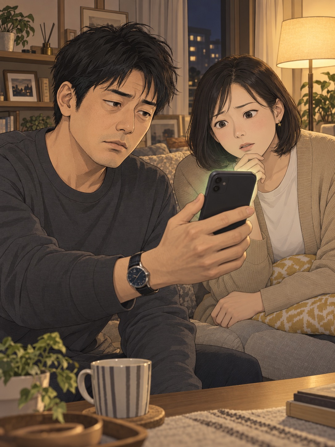 スマホの画面を妻に差し出す主人公